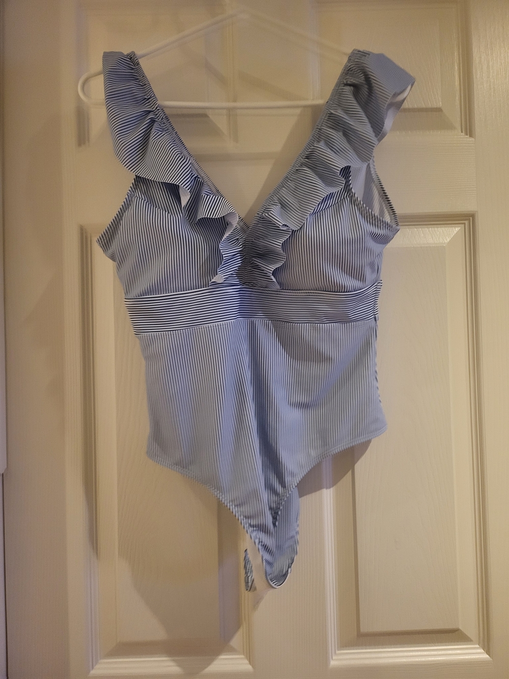 Women's Ruffled V-Neck Striped One-Piece Swimsuit -Light Blue stripes (31)